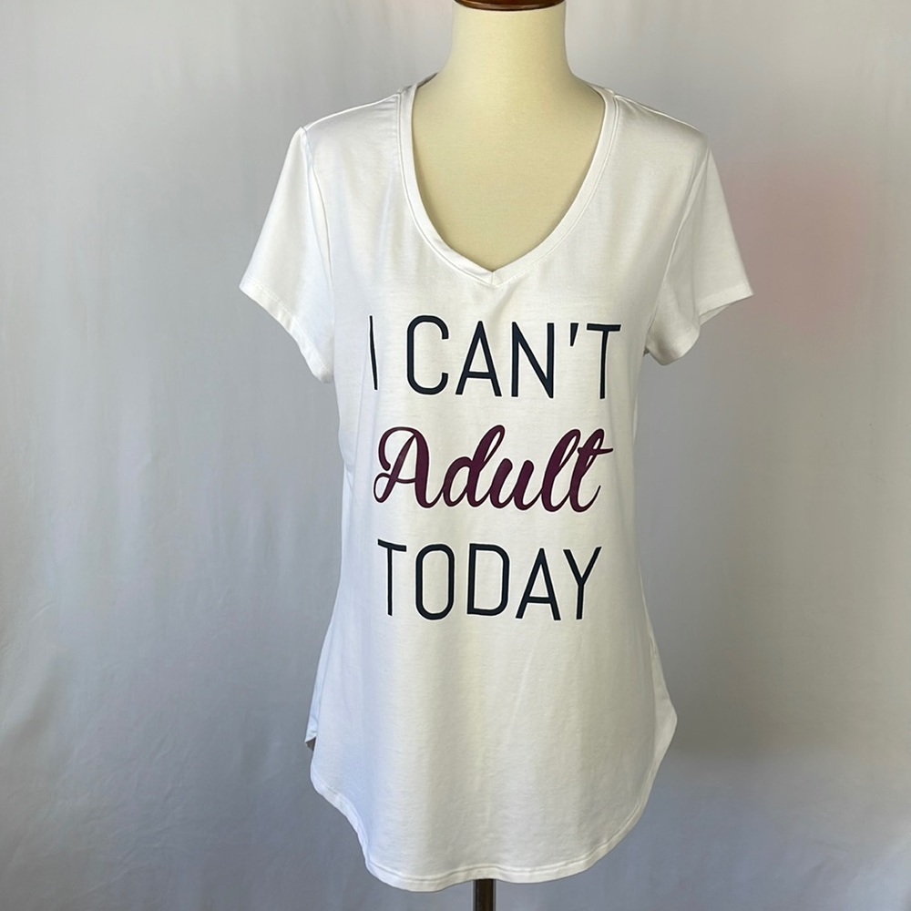 Graphic "I CAN'T ADULT TODAY" V-Neck Soft High-Low Round Hem Tee - Size Medium